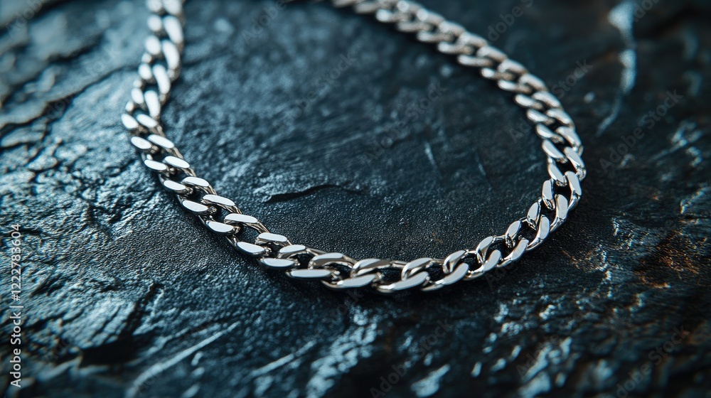Poster a silver chain necklace resting on a textured black surface with soft lighting emphasizing its curve