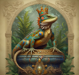 Fototapeta premium golden dragon statue with crown on its head