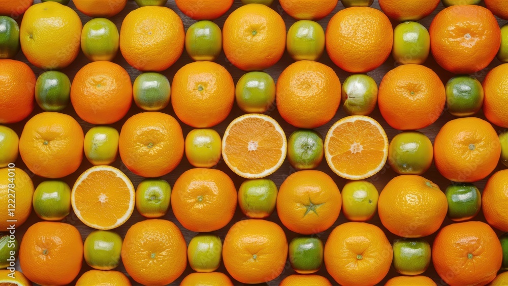 Poster array of bright orange oranges and green apples arranged symmetrically on a flat surface with sliced