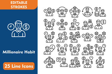 Naklejka premium Millionaire Habit Line Editable Icons set. Vector illustration in thin line modern style related icons:work life balance, money, rich, balance, work, in love, businessman, needs, cash flow, obligation