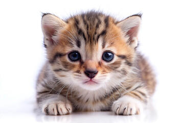 Obraz premium Adorable tabby kitten with blue eyes on white background.
