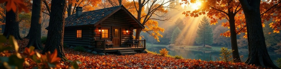 Fototapeta premium Cozy cabin by forest with fallen leaves and warm lighting, leaves, autumn, cabin