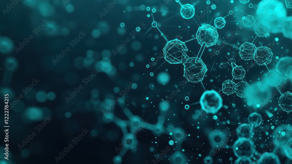 Poster abstract molecular structure teal network of connected polygons and atoms science background