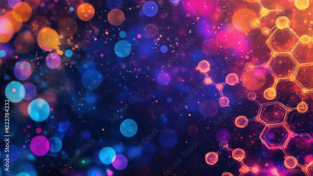 Poster abstract molecular structure with vibrant bokeh lights background science concept