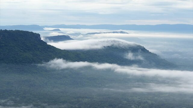 Time lapse time to see the beautiful sea of ​​mist in summer at Pha Mo E Daeng. Kantharalak District Sisaket Province Thai border area and the Cambodian border