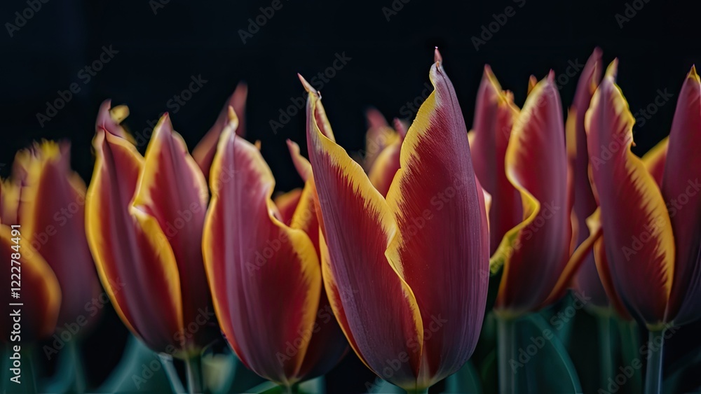 Aufkleber vibrant red tulip petals with striking yellow edges illuminated against a dark background showcasing