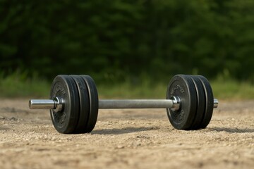 Outdoor Fitness Weightlifting Barbell on Gravel Path Strength Training