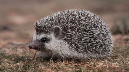 Detailed close-up of a steppe hedgehog with sharp thorns on its back, set against a soft, blurred gray and brown natural background.