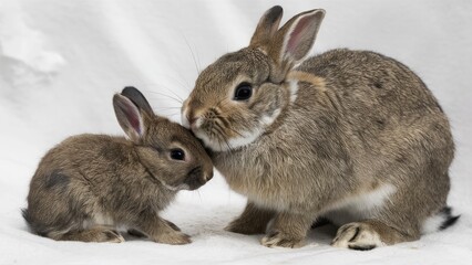 Obraz premium Mother rabbit affectionately nuzzling her newborn bunny on a soft white backdrop, showcasing warm brown fur tones and tender bonding moments.