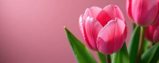 Fototapeta premium Delicate pink tulip petals against green leaves, closeup, petals, flower