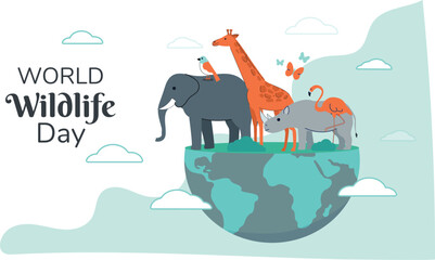 World Wildlife Day Illustration with Animals A celebration of biodiversity with animals from different ecosystems in a vibrant landscape.