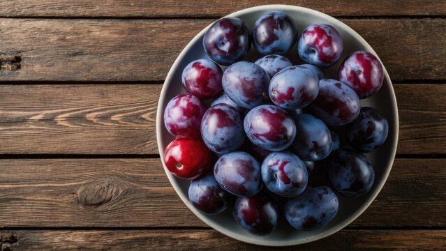 Bowl of plump purple and red plums arranged centered on a neutral plate atop a rustic wooden table with rich brown tones.