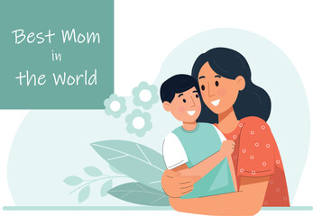 Best Mom in the World Illustration for Mother's Day A heartwarming scene of a mother receiving a card and flowers from her children.