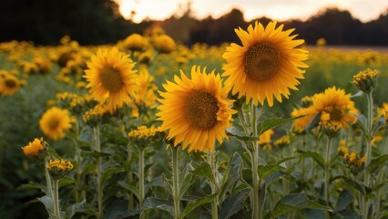 Obraz premium Vibrant sunflowers in a lush green field against a soft sunset glow, with bright yellow petals prominently positioned in the foreground.