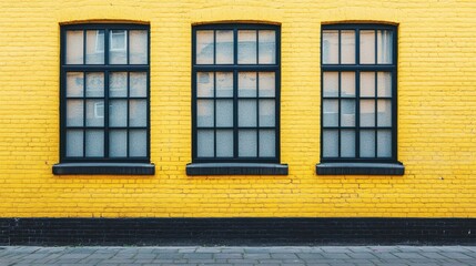 Fototapeta premium Bright Yellow Wall with Three Black Windows in Urban Setting