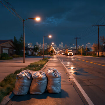 Garbage bags line a dark street, illuminated by warm lights as garbage truck approaches. Garbage bags create striking contrast, revealing city&rsquo;s nightly waste routine.