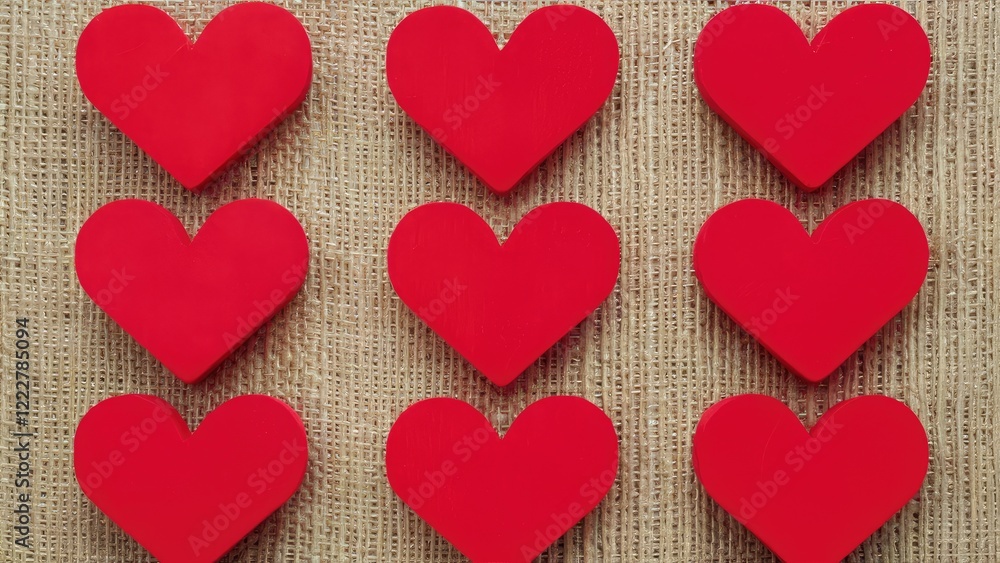 Aufkleber red heart shapes arranged in two rows on a textured burlap background, vibrant red contrasting with 
