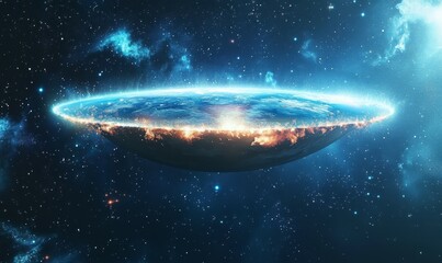 Fototapeta premium Futuristic interpretation of a flat Earth floating in space, illuminated by cosmic light, depicting the concept of flat Earth theory with a celestial backdrop of stars