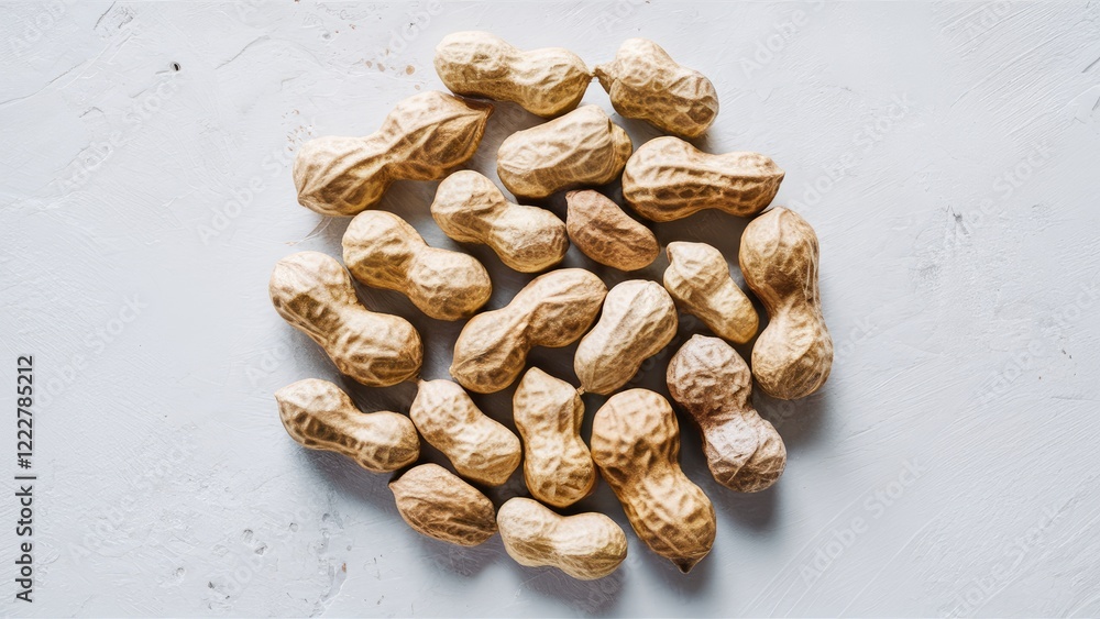 Poster scattered raw peanuts arranged in a circular layout on a textured light gray background showcasing t