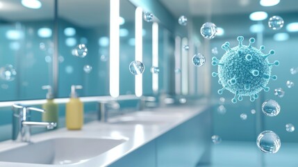 Microscopic air pollutants concept. Sanitized bathroom with floating virus graphic and bubbles in blue tones