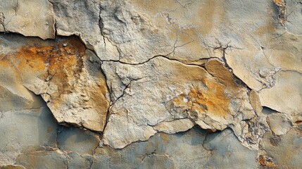 Fototapeta premium A solid stone wall with rugged surfaces and rough, cracked details in close-up