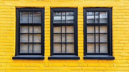 Vibrant Yellow Wall with Three Elegant Black Windows Design