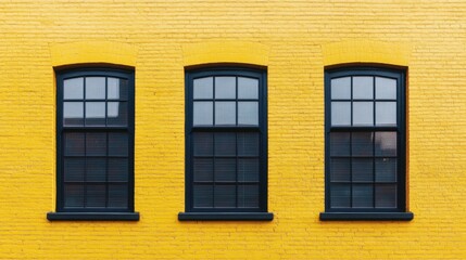 Obraz premium Bright Yellow Brick Wall with Black Framed Windows in Row