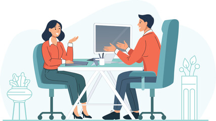 Job Interview Discussion Between Manager and Candidate Illustration A professional discussion in an office with a manager evaluating a candidate's resume.