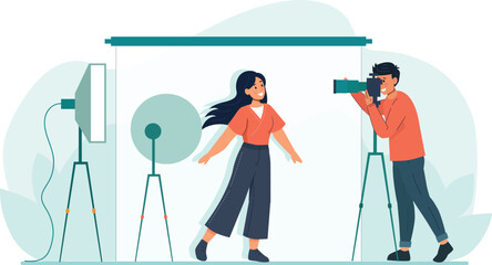 Illustration of Photo Studio Setup with Professional Equipment and Model A detailed setup with tripods, cameras, lighting, and a model posing on a set.