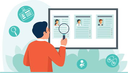 Job Interview Process Illustration with Candidate Resume Evaluation A manager reviewing resumes on a desk with the candidate seated across.