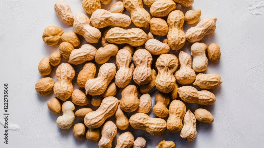 Poster mixed assortment of shelled peanuts in various sizes and shapes arranged on a textured white backgro
