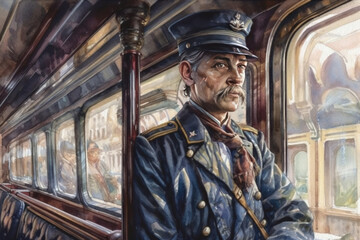 Naklejka premium elderly man, train conductor in uniform, illustration., watercolor style, Generative AI