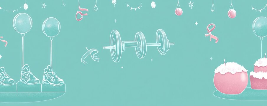 Birthday celebration with fitness theme; dumbbells, sneakers, balloons, and cake.