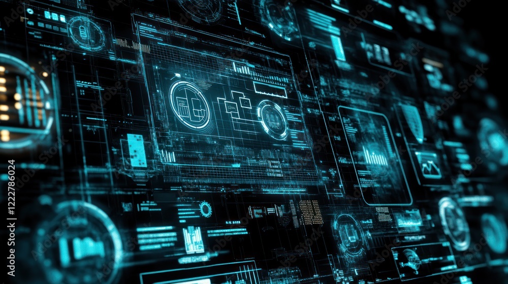 Aufkleber futuristic digital interface with glowing blue data streams and charts.
