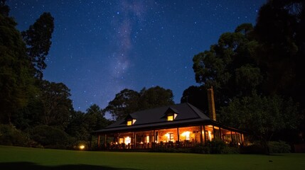 Naklejka premium Illuminated House Underneath a Starry Night Sky
