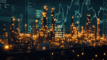 Fototapeta premium Illuminated Refinery at Night Displays Financial Data Overlay