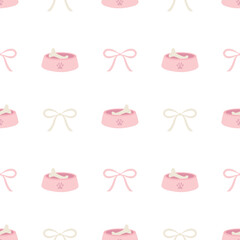 Dog bowl, bow. Vector seamless pattern in pastel colors for textile and wrapping paper. Cute pet illustration