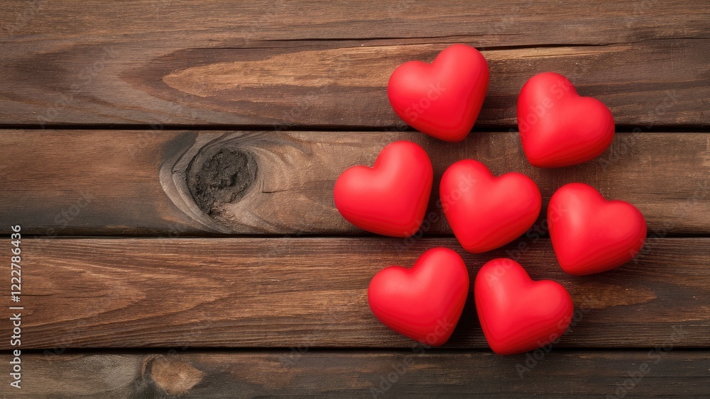 Aufkleber red hearts of varying sizes arranged on a rustic brown wooden surface creating a warm and inviting a