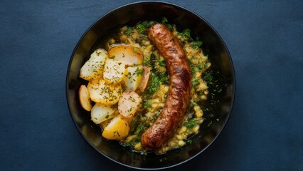 Fototapeta premium Sausage and potato meal featuring a brown sausage on a bed of green lentils with yellow and white potatoes in a black bowl on a dark blue background