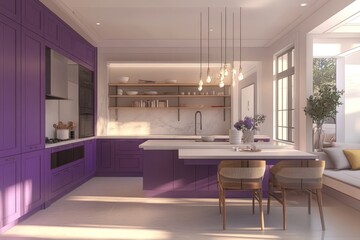 Purple kitchen island, modern design, sunlit room, breakfast nook, home decor