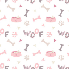 Dog paws, bowl, bones. Vector seamless pattern in pastel colors for textile and wrapping paper. Cute illustration of dog footprints