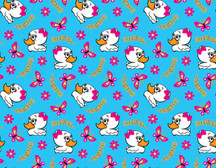 Seamless vector pattern of cute ducks and butterflies with beautiful floral decoration
