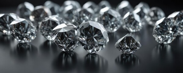 Geometric cut diamonds on dark glass background, black background, round