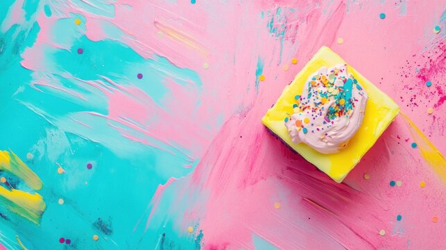 Pastel pink and blue painted background with a single square cake decorated with pink frosting and sprinkles.