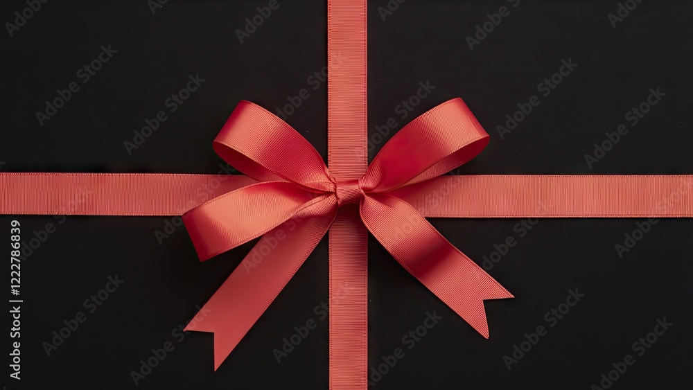 Poster elegant red ribbon bow centered on a black background with horizontal and vertical ribbon crosses cr