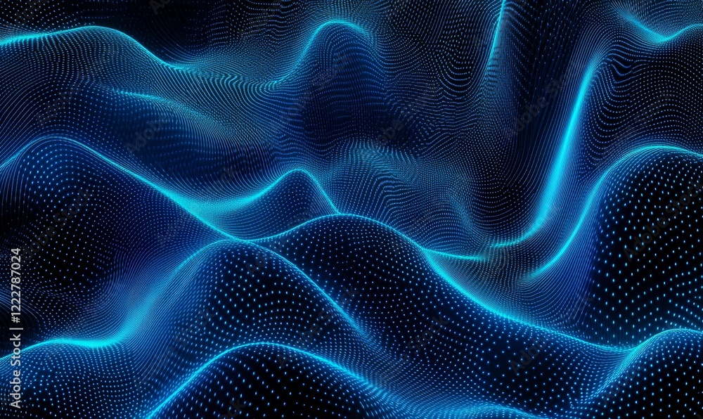 Poster futuristic abstract background featuring glowing blue lines and dots, creating sense of motion and d