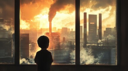 Fototapeta premium The child stood with his back turned to look at the city view window with a factory that emitted toxic smoke.