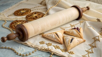 The Scroll of Esther on a fabric with golden ornaments, alongside triangular Purim pastries