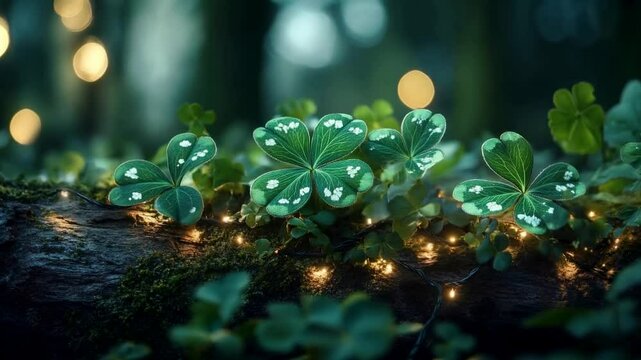 Clover leaves with bokeh lights on log. Natural nature background. St Patrick's Day concept. For design and social media, website. Outdoor shot.