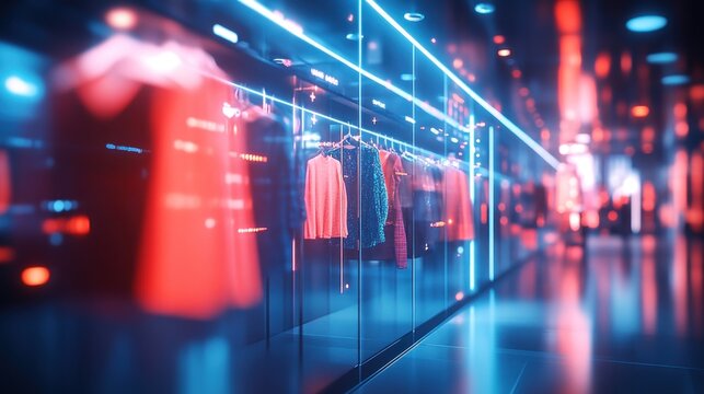 Futuristic clothing store interior with neon lighting and digital displays showcasing apparel.